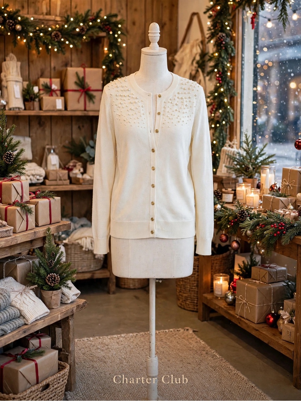 Charter Club Cream Pearl-Accented Button Cardigan